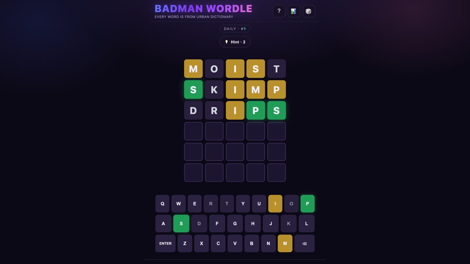 Badman Wordle — a neon-styled Wordle clone where every answer is a slang term from Urban Dictionary