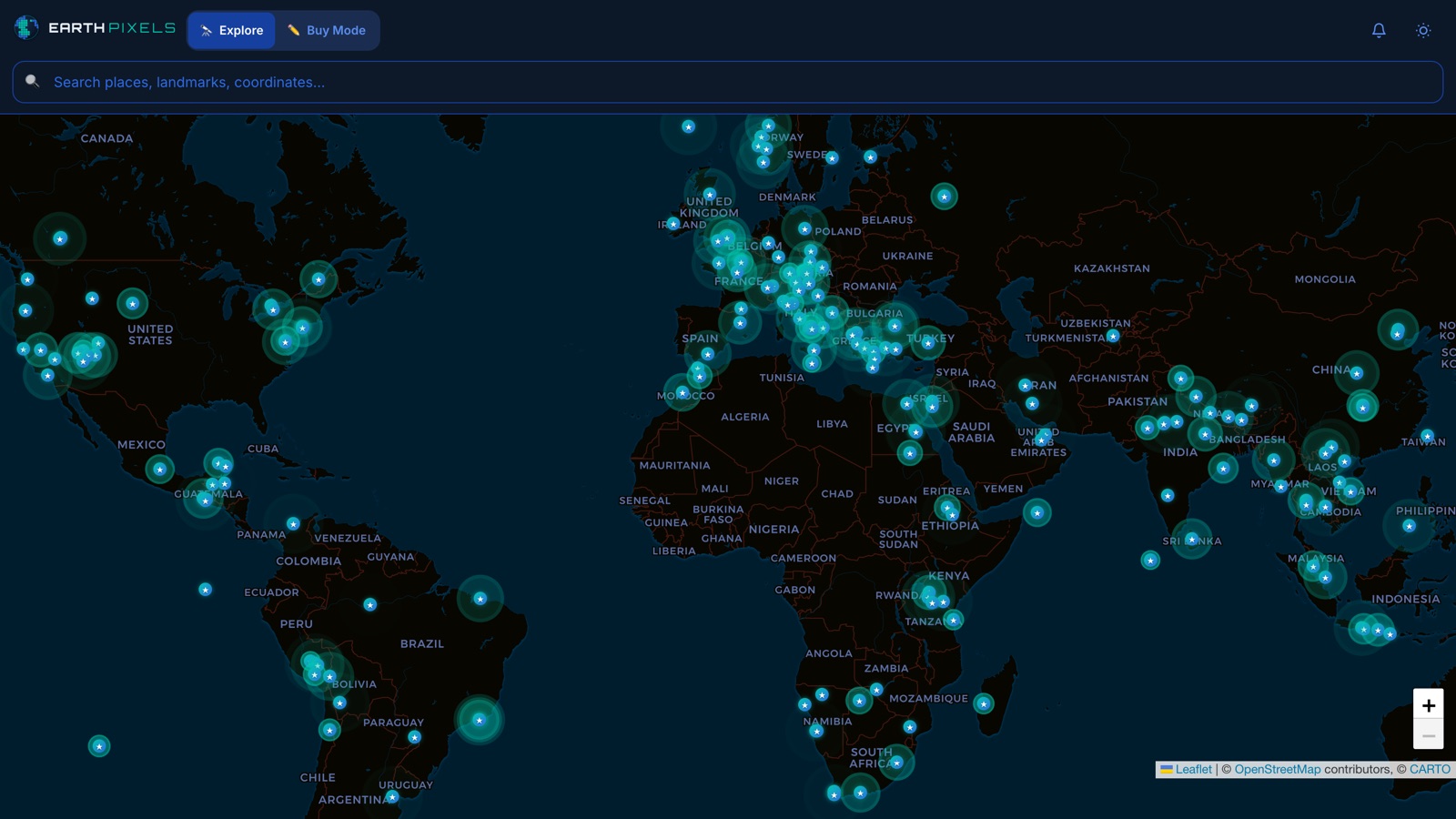 Earth Pixels — interactive world map with glowing clusters of claimed pixels across continents