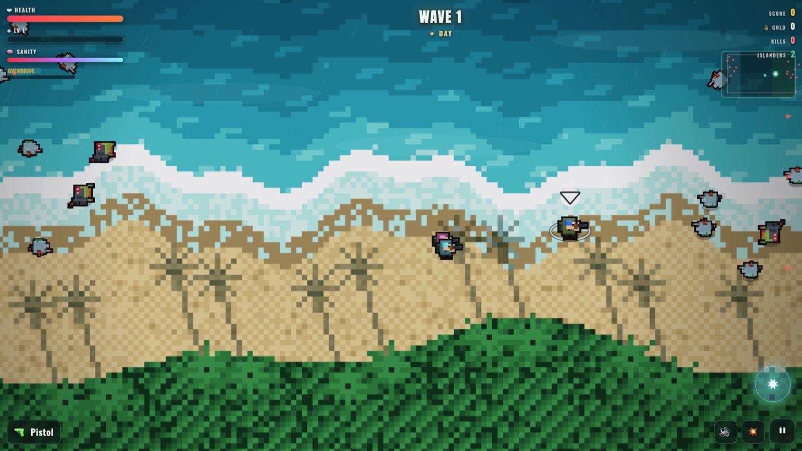Nightmare Island — pixel-art top-down survival game set on a tropical island, the player surrounded by approaching enemies